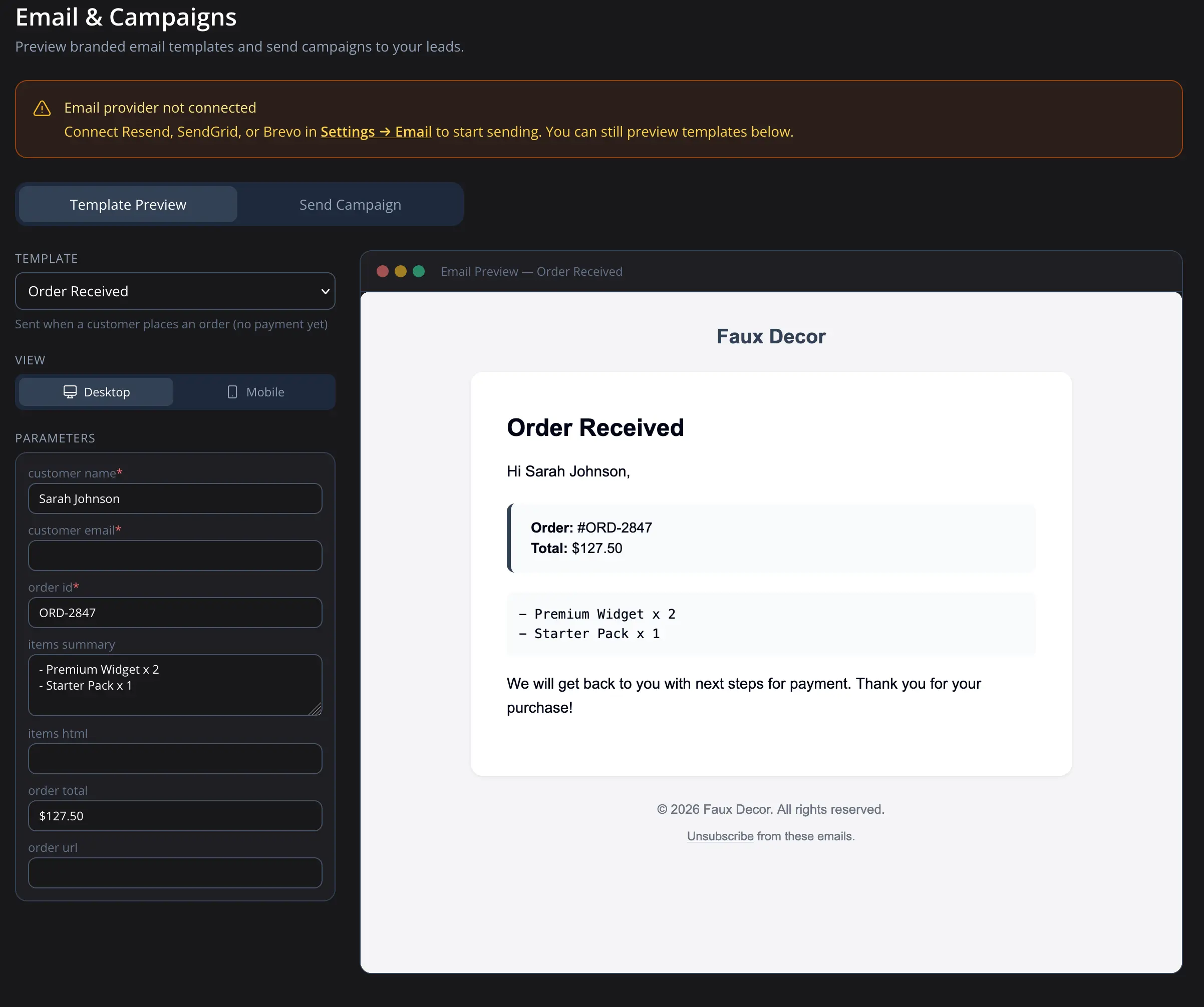 Email marketing and CRM dashboard