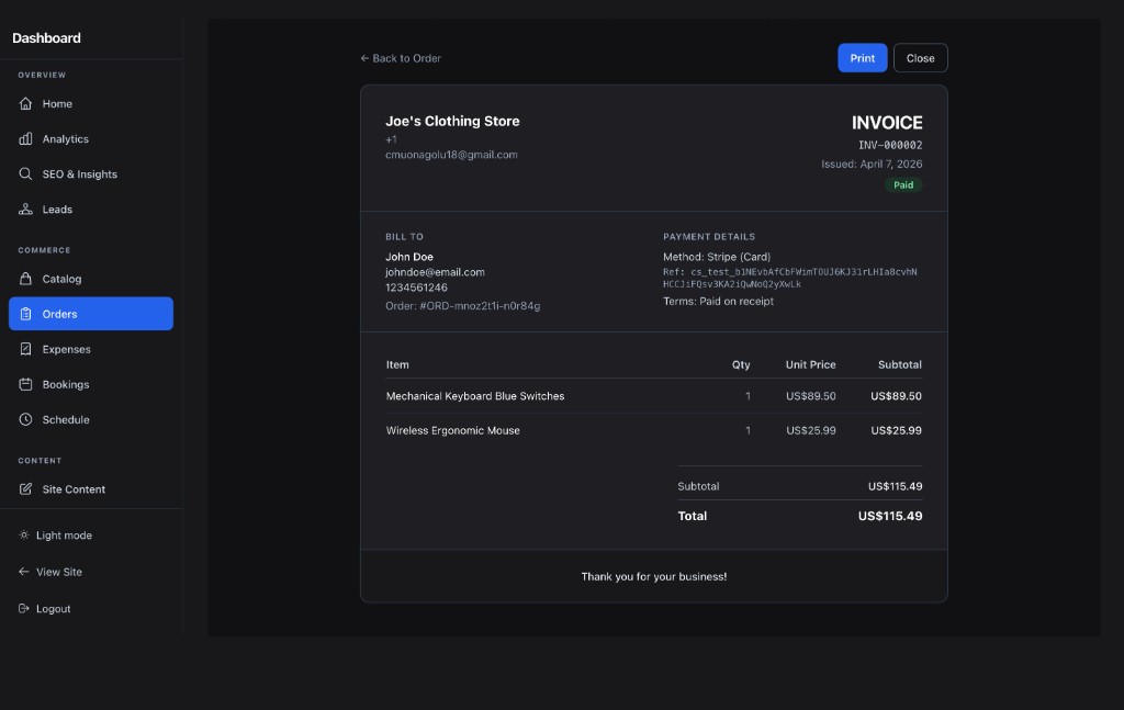 Invoice document in the admin dashboard